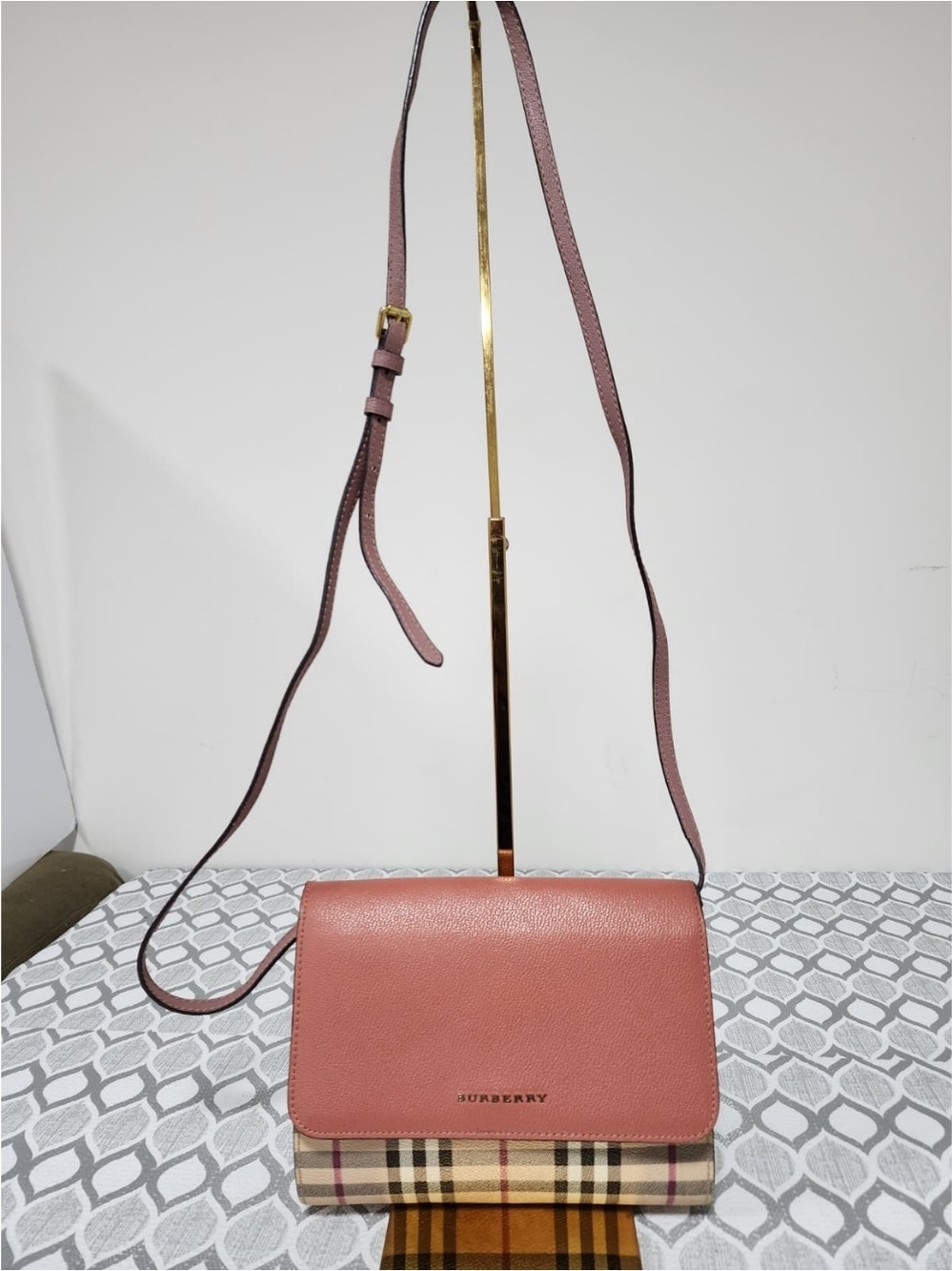 BURBERRY Haymarket Check Coated Canvas Loxley Crossbody Bag Beige/Peach
